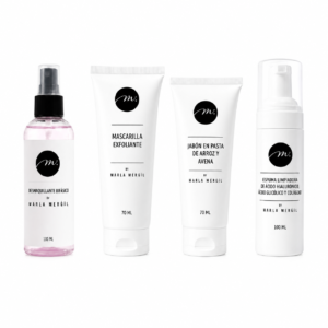 Kit Limpieza y Renovación Marla Mergil con desmaquillante bifásico, mascarilla exfoliante, jabón de arroz y avena, y espuma limpiadora.
