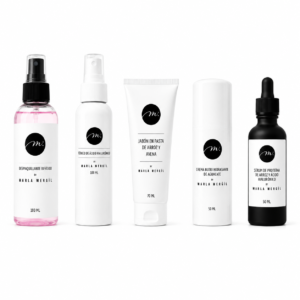 Kit Piel Seca Marla Mergil con desmaquillante bifásico, tónico de ácido hialurónico, jabón de arroz y avena, crema de aguacate y sérum de proteína de arroz.