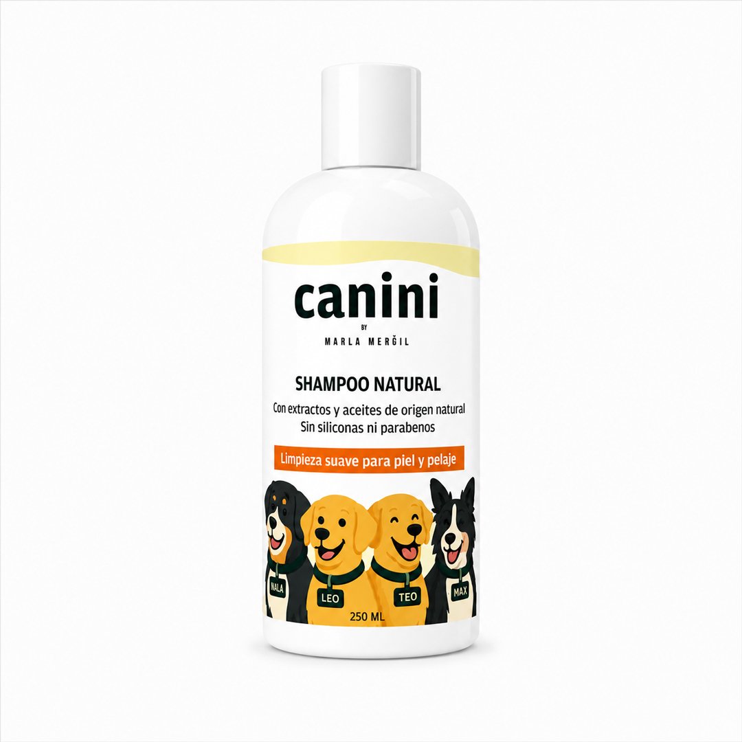 Shampoo para perros Canini by Marla Mergil con extractos y aceites de origen natural para limpieza suave del pelaje.