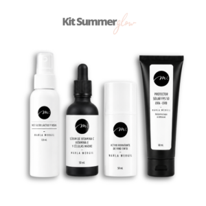 Kit Summer Glow Facial Marla Mergil con mist de ácido láctico y rosas, sérum de vitamina C, crema de vino tinto y protector solar FPS 50.
